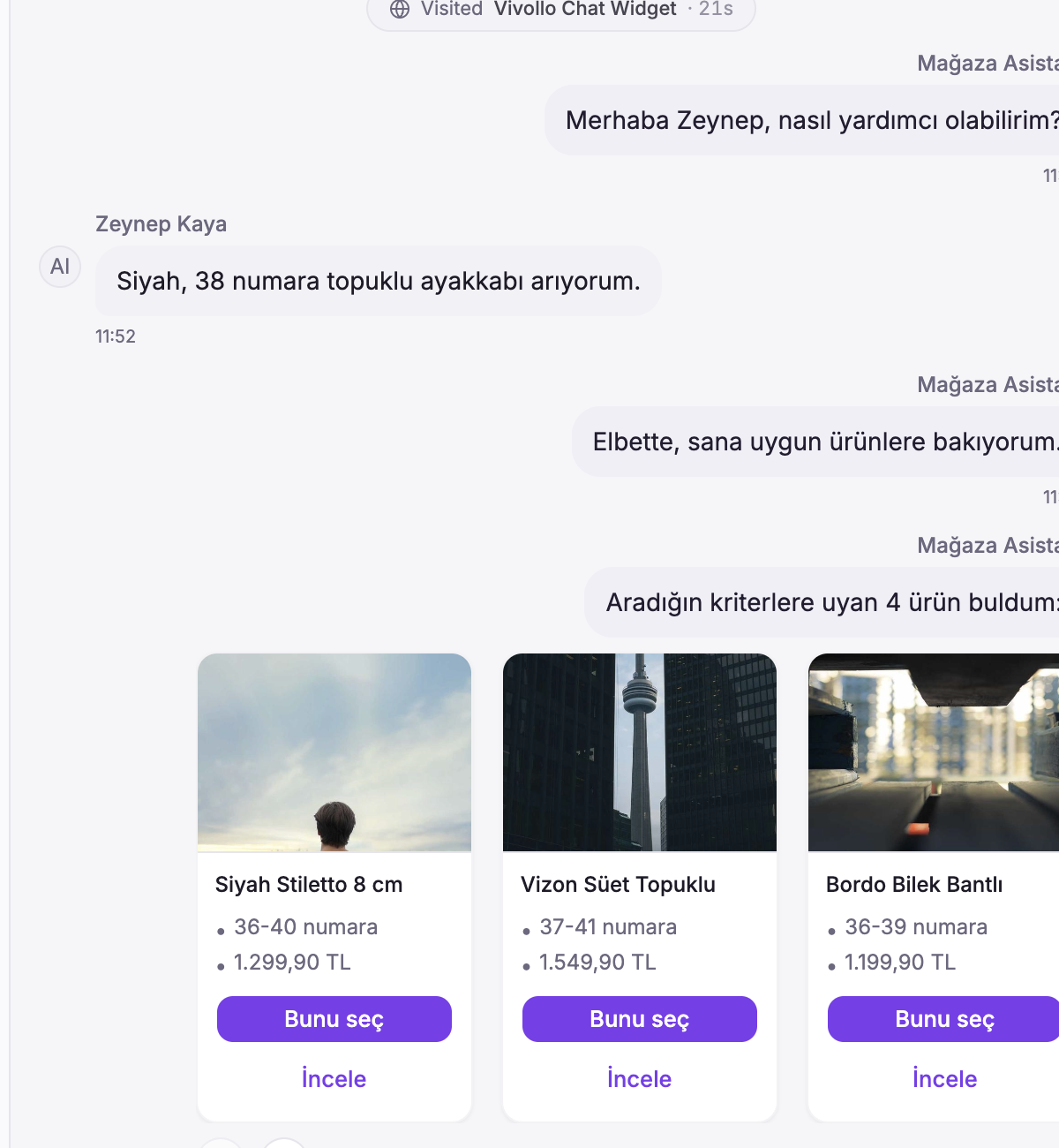 A demo product carousel inside a customer conversation