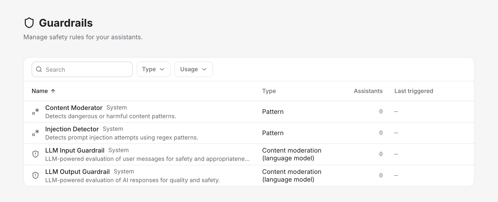 Güvenlik kuralları listesi: Content Moderator, Injection Detector, LLM giriş ve çıkış kuralları — hepsi sistem, hepsi açık