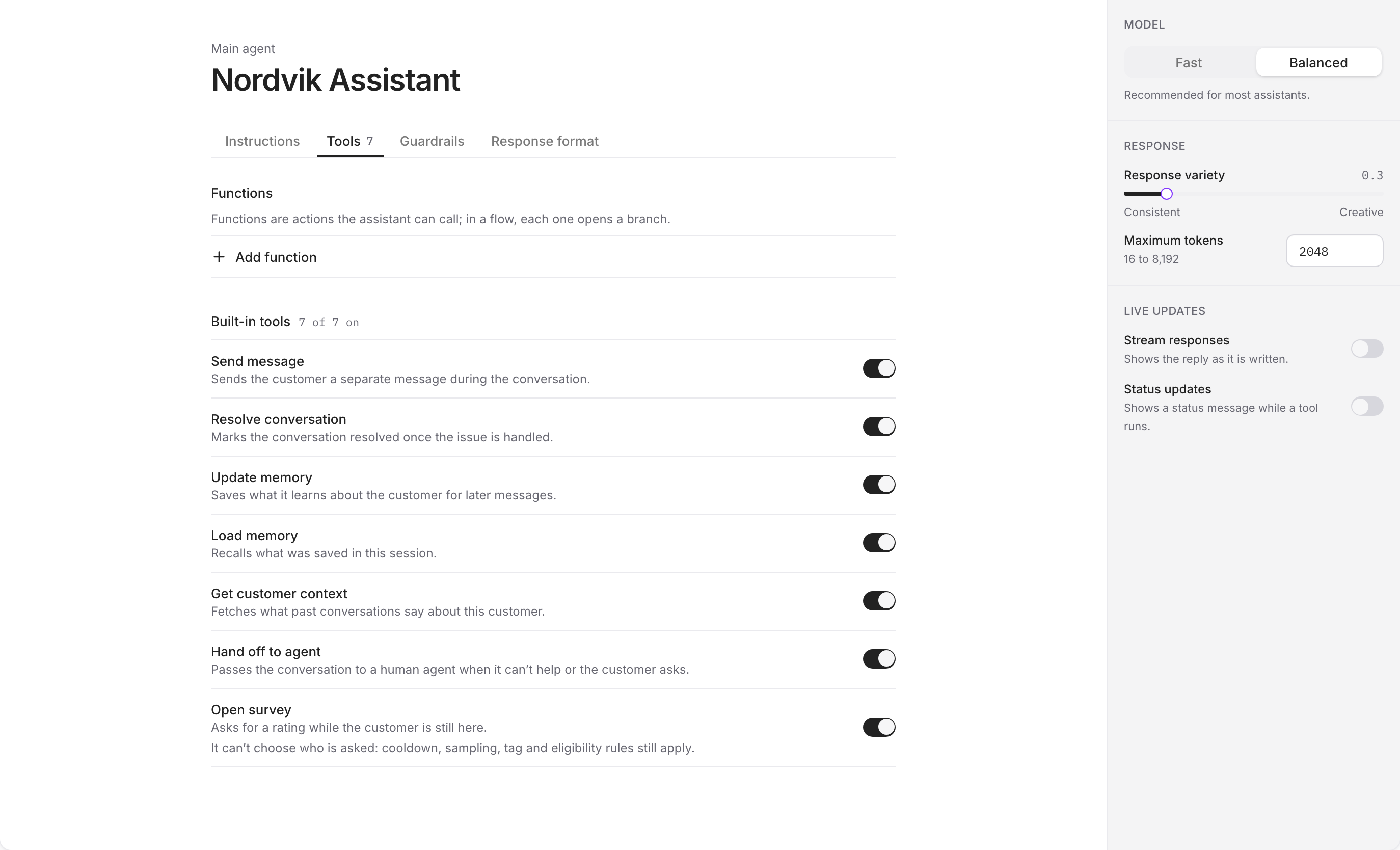The assistant's built-in tools and their switches in the Vivollo panel