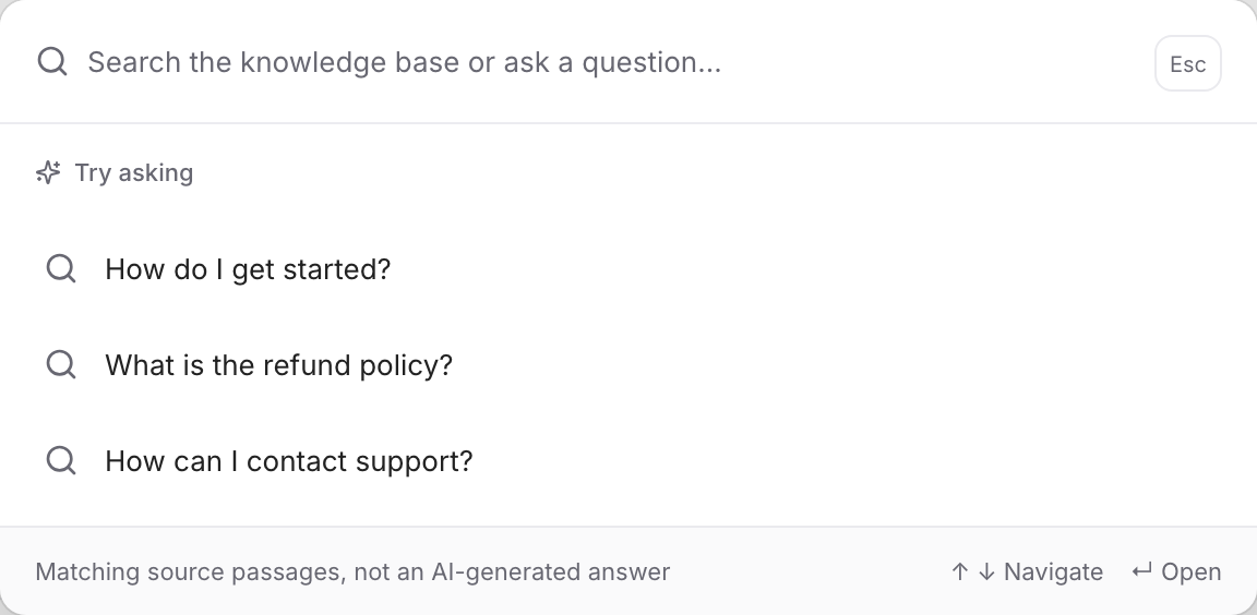 The knowledge base search box with suggested questions