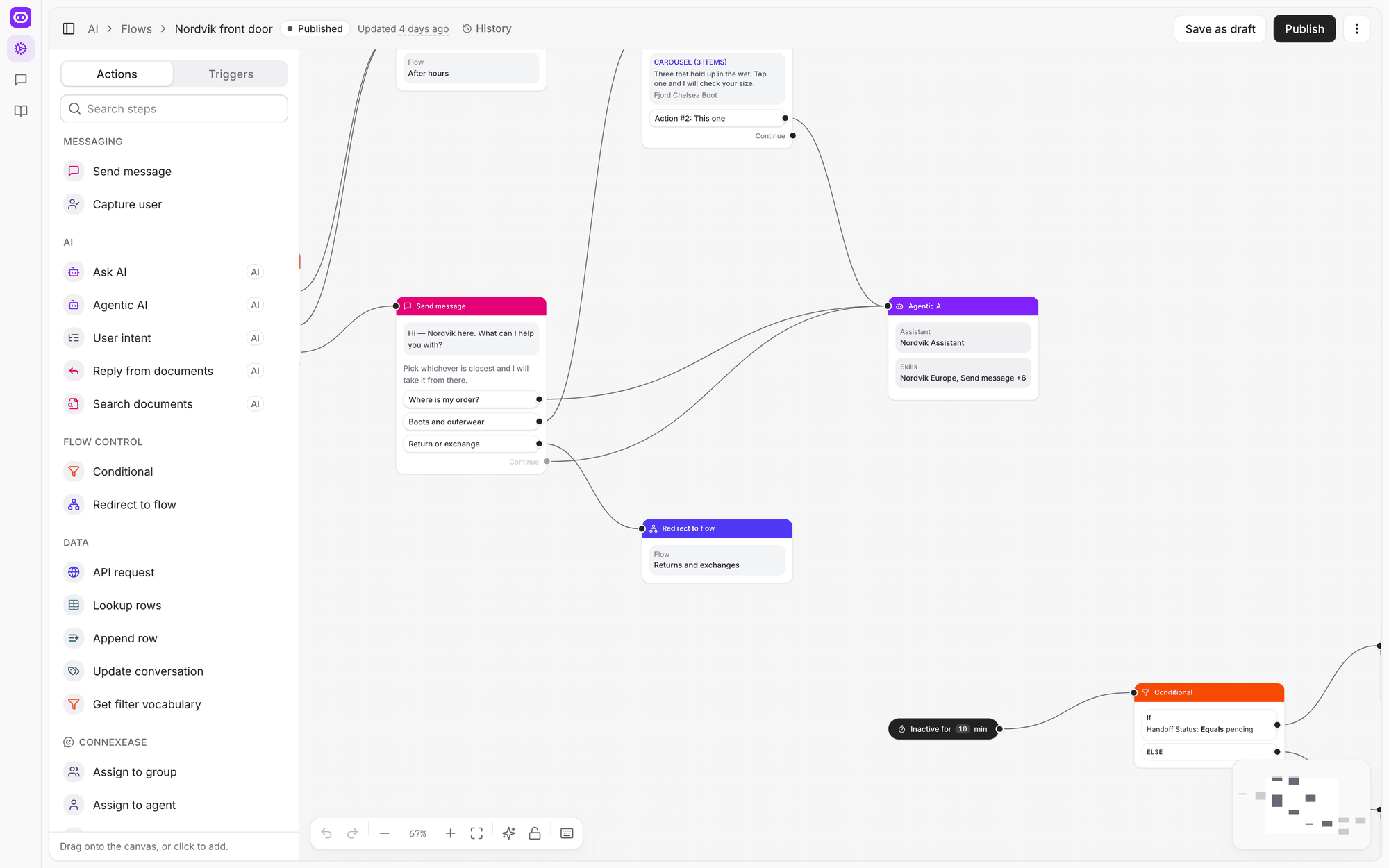 The flow canvas showing a greeting with three quick replies, each wired from its own handle to a different step