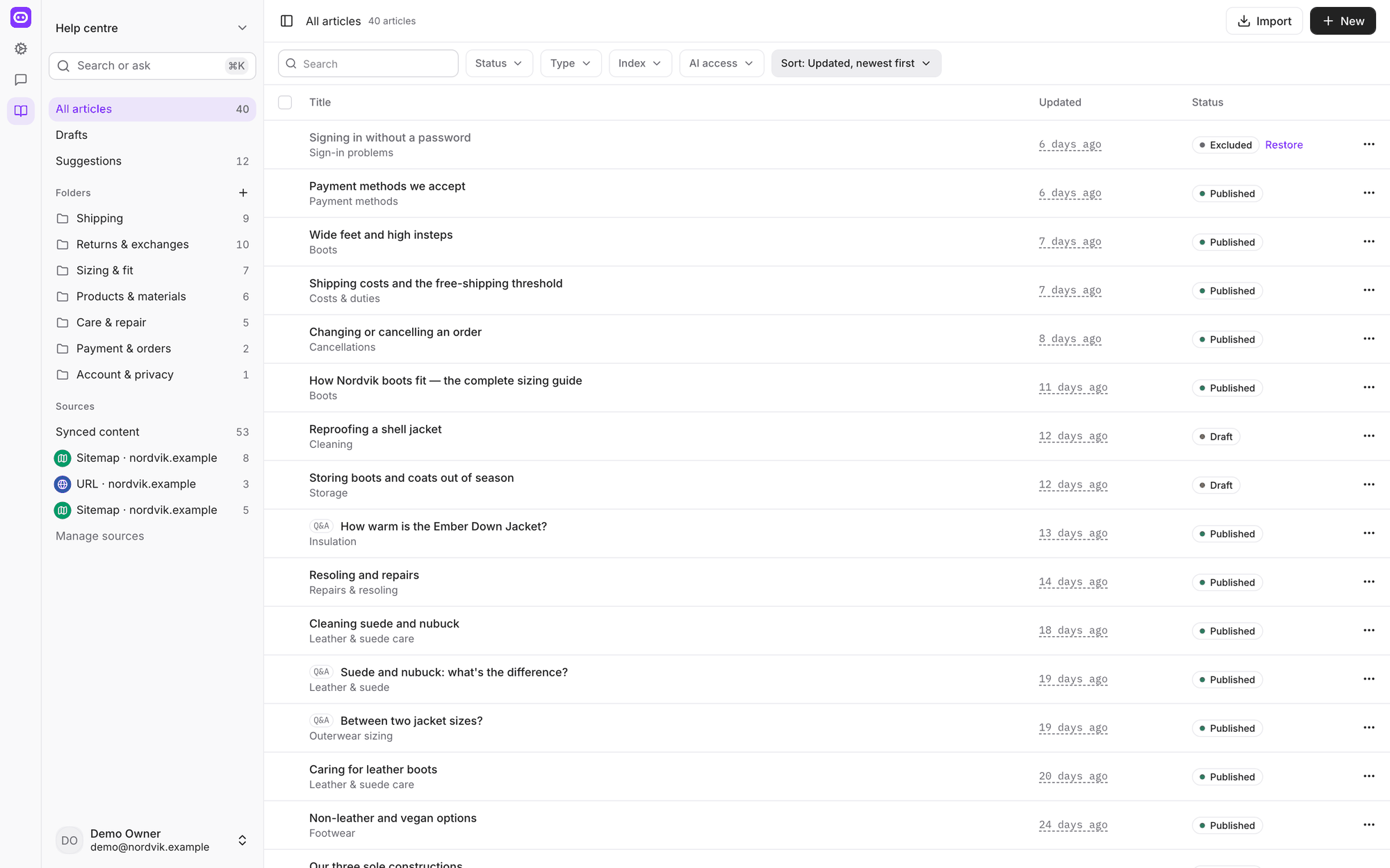 The Knowledge area showing forty articles, a folder tree with counts, sources down the left, and status chips