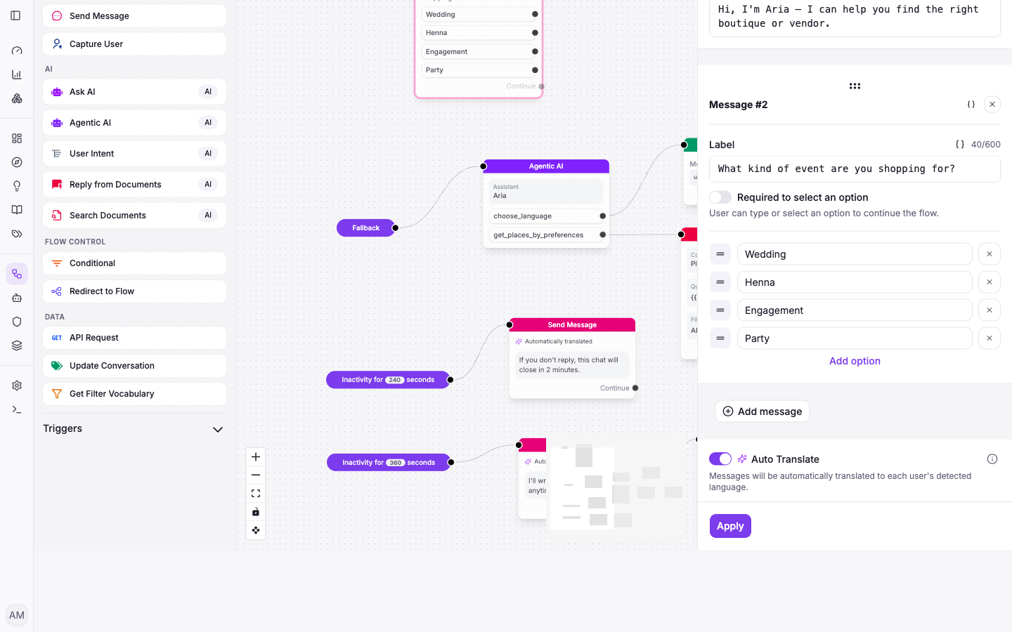 Vivollo panel: Live Translate toggle set to answer in the visitor's language
