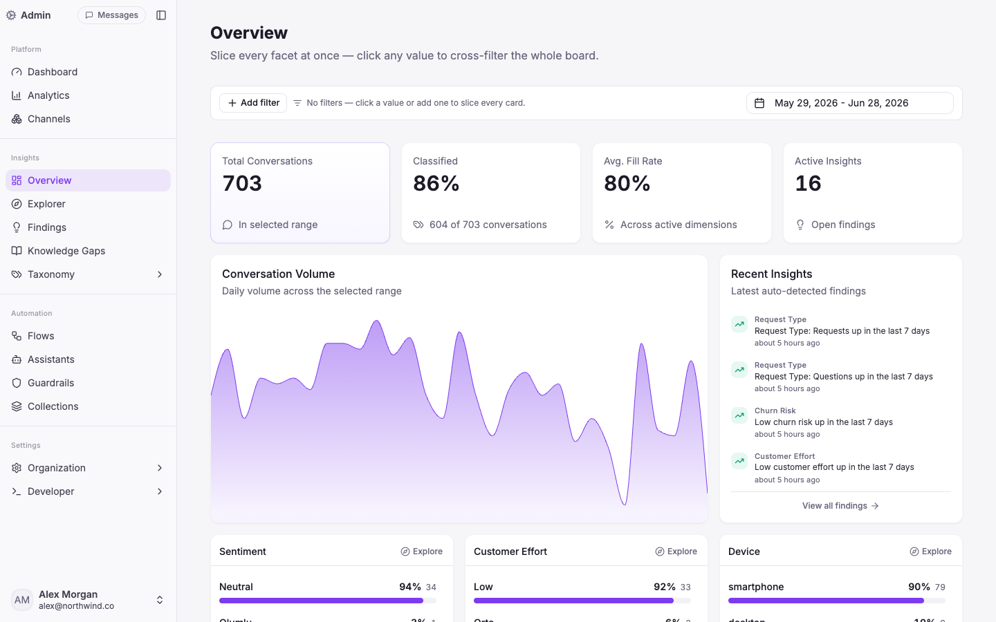 Insights overview with auto-classified conversation dimensions and recent findings