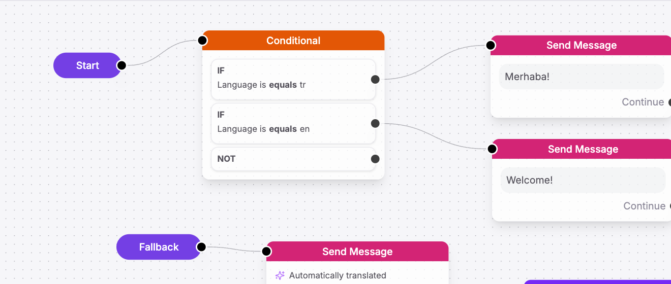 A Flow Builder condition routing Turkish and English customers to matching welcome messages