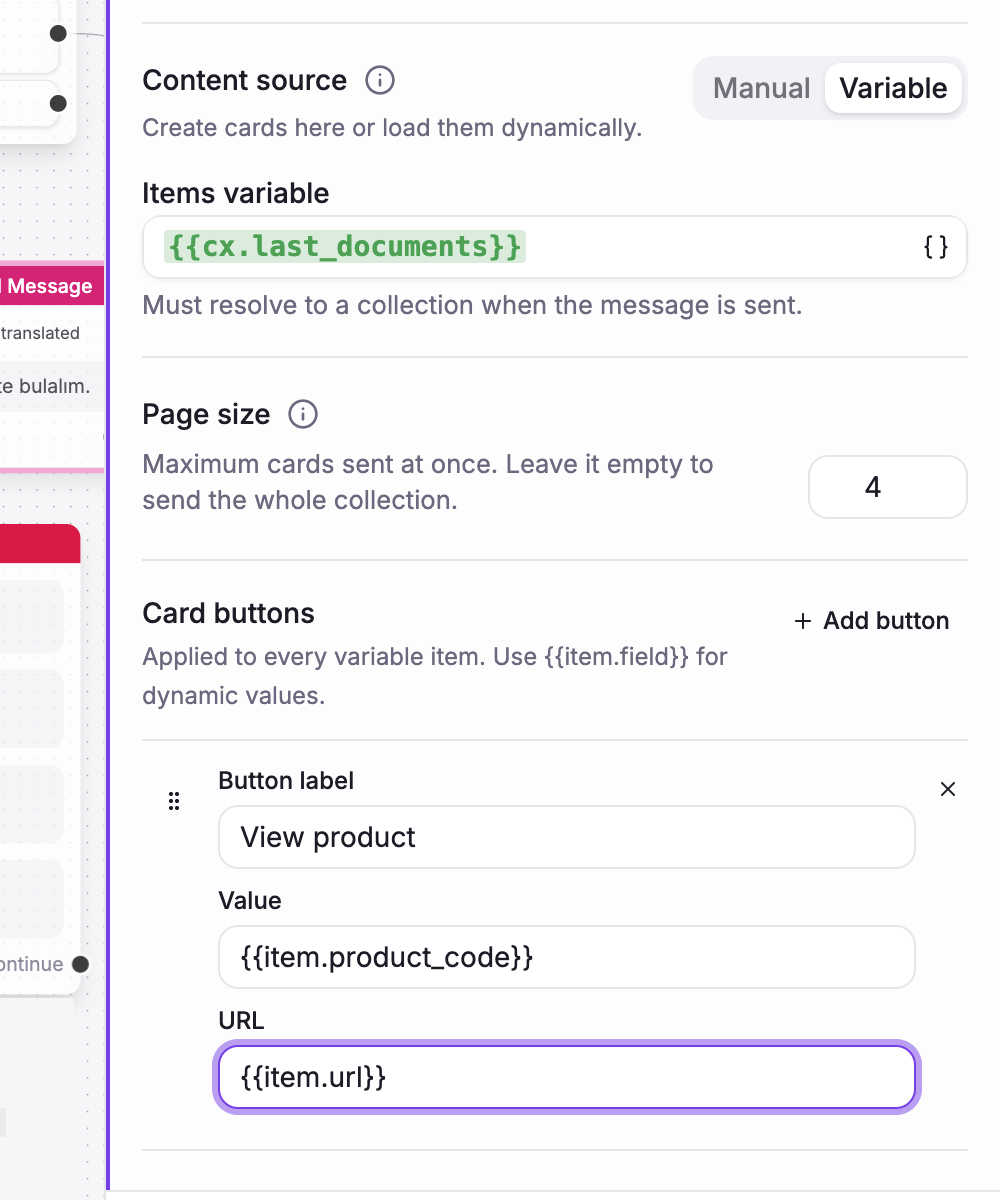Flow Builder carousel settings with a live result variable and page size four