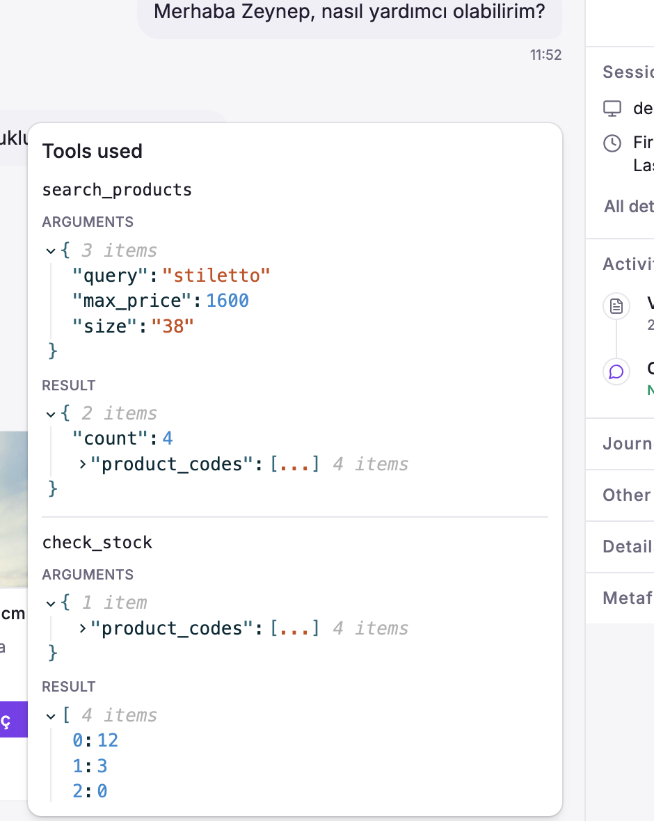 AI tool details showing a demo product search and stock check