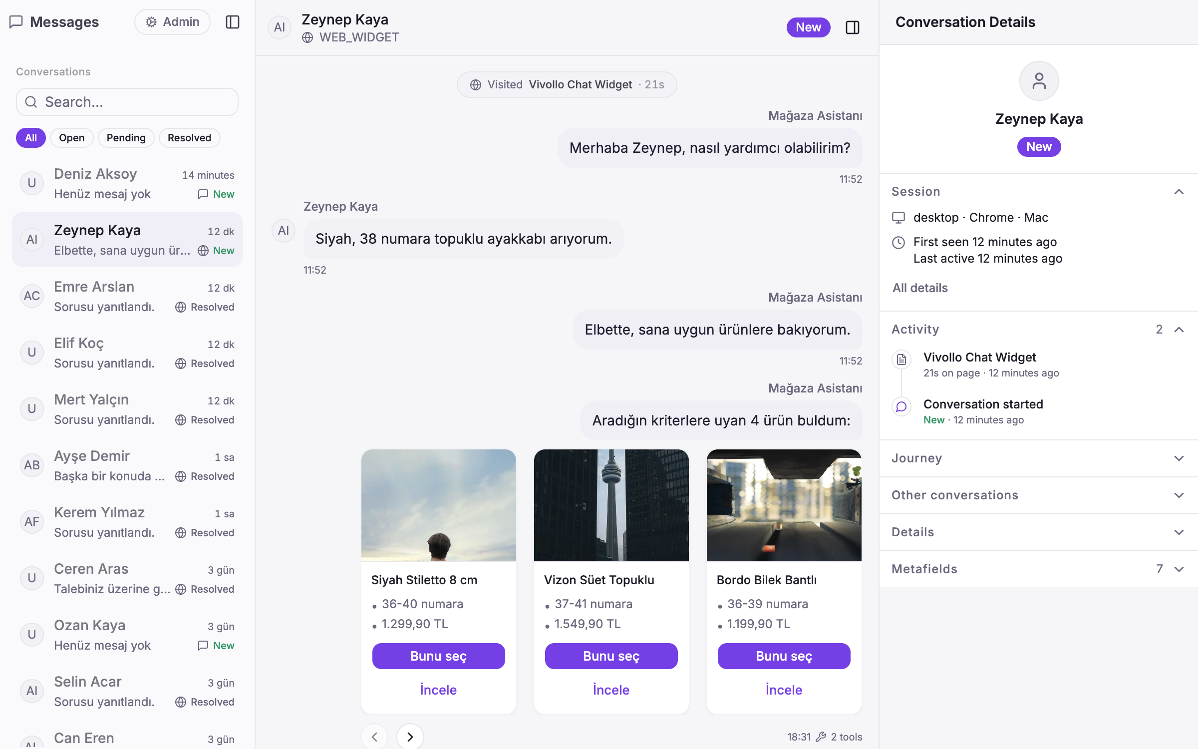 Vivollo inbox showing a demo product carousel, delivery context, and AI tool count