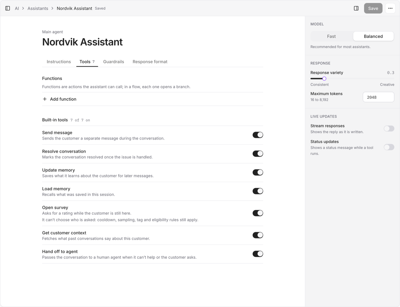 The tools tab, listing the built-in tools an assistant may call