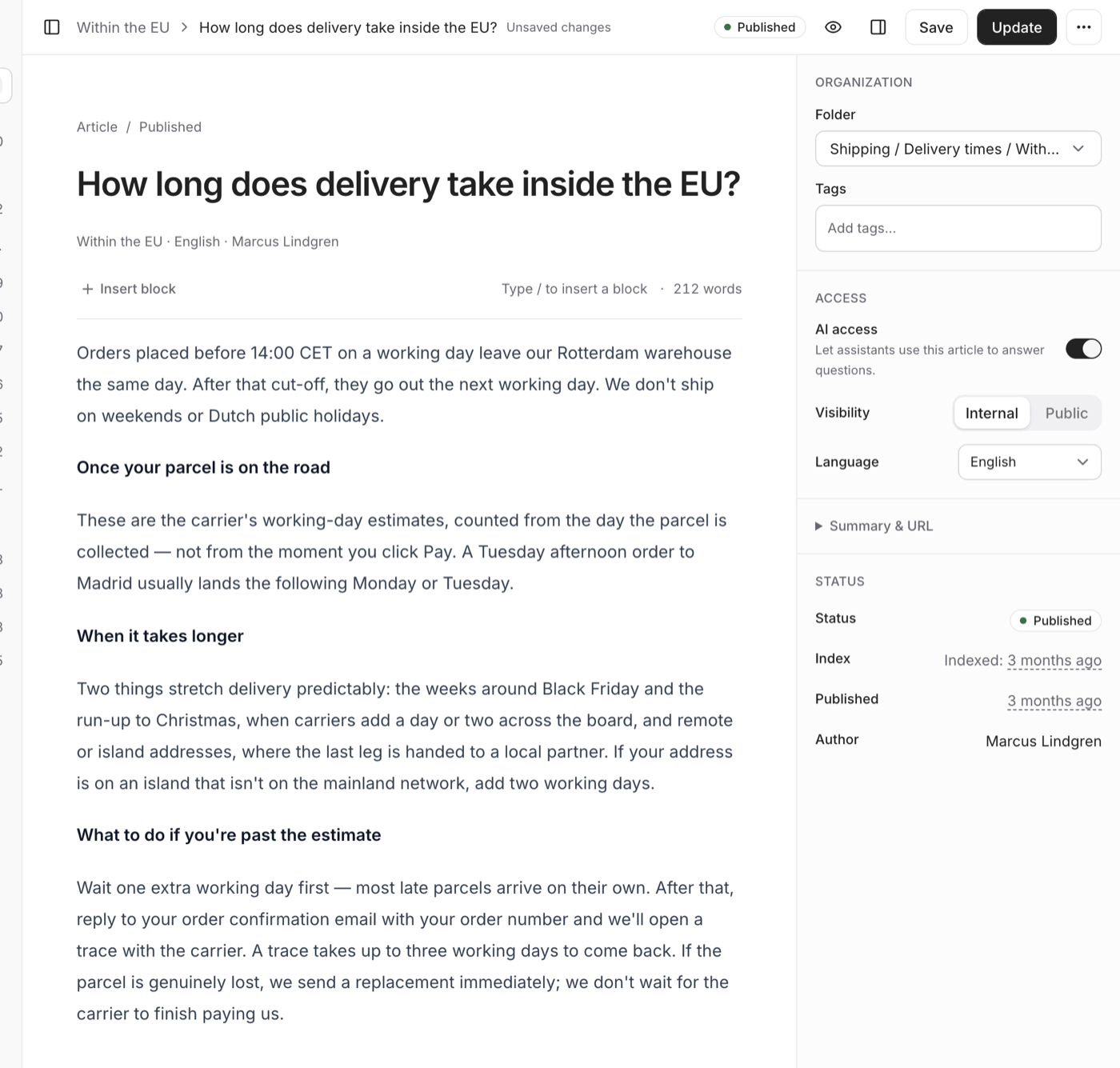 The article editor, with the article's properties beside the text