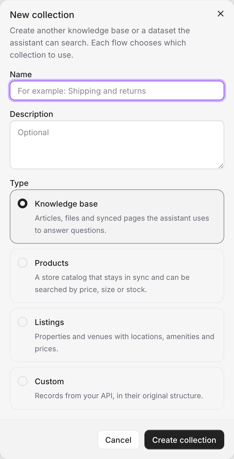 The new collection dialog, with the four types and what each is for