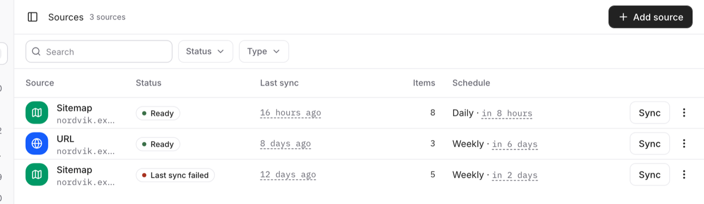 The sources list with each source's type, schedule and last run