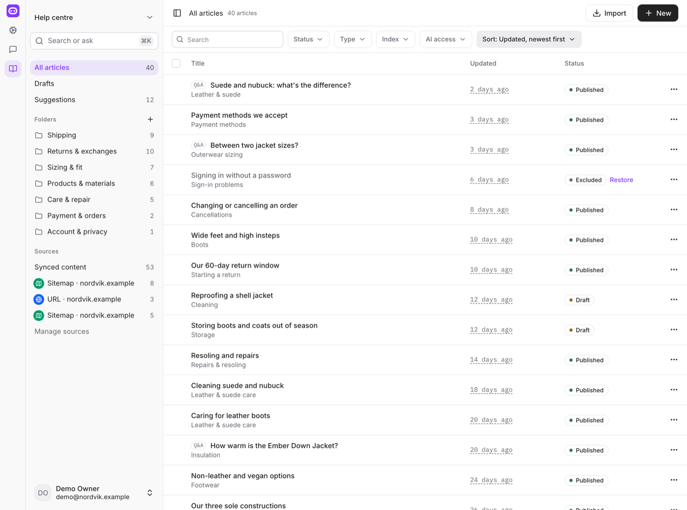 A knowledge base with its folders and sources on the left and the article list on the right