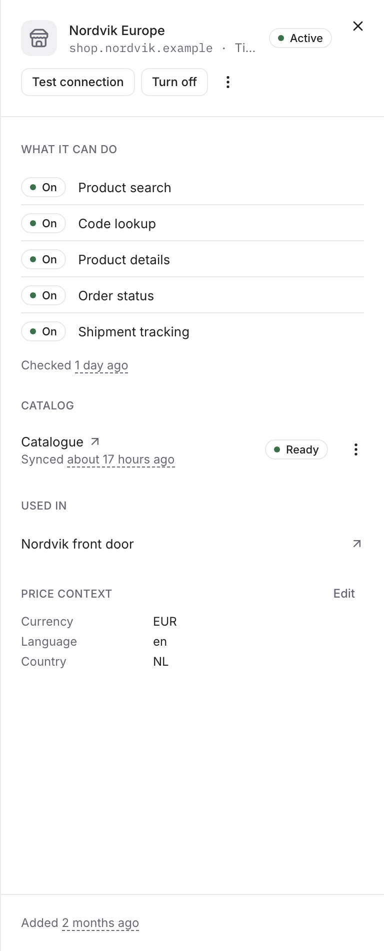 A store's panel showing which capabilities are on, and when the connection was last checked