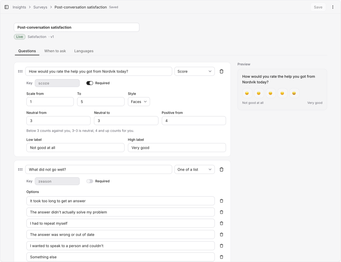 The survey editor's questions tab, with the score question and its preview
