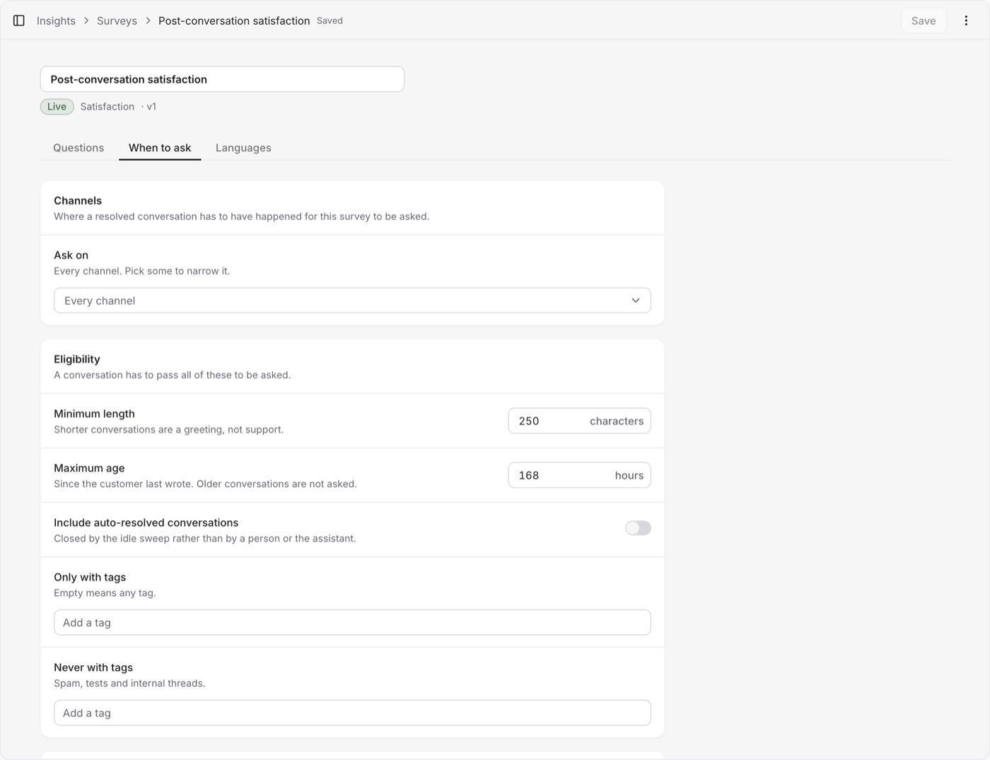The when-to-ask tab: channels, eligibility, timing and sampling